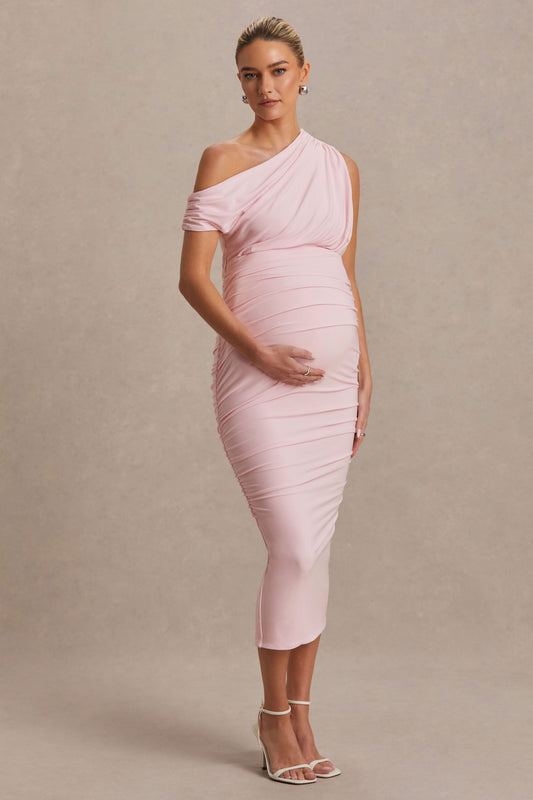 Linnea | Blush Pink Asymmetric-Neck Maternity Midi Dress