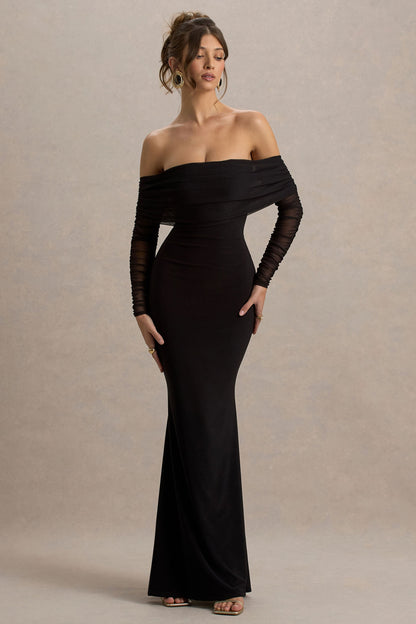Madeleine | Black Fishtail Maxi Dress With Bardot Mesh Long Sleeves