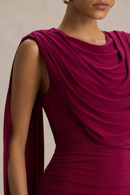 Wanderer | Burgundy Crew-Neck Midi Dress With Draped and Ruched Detailing