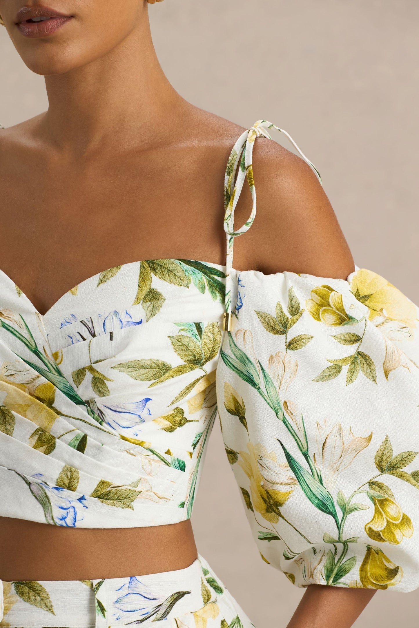 Amberly | White Linen Botanical Print Plunge-Neck Ruffled Crop Top