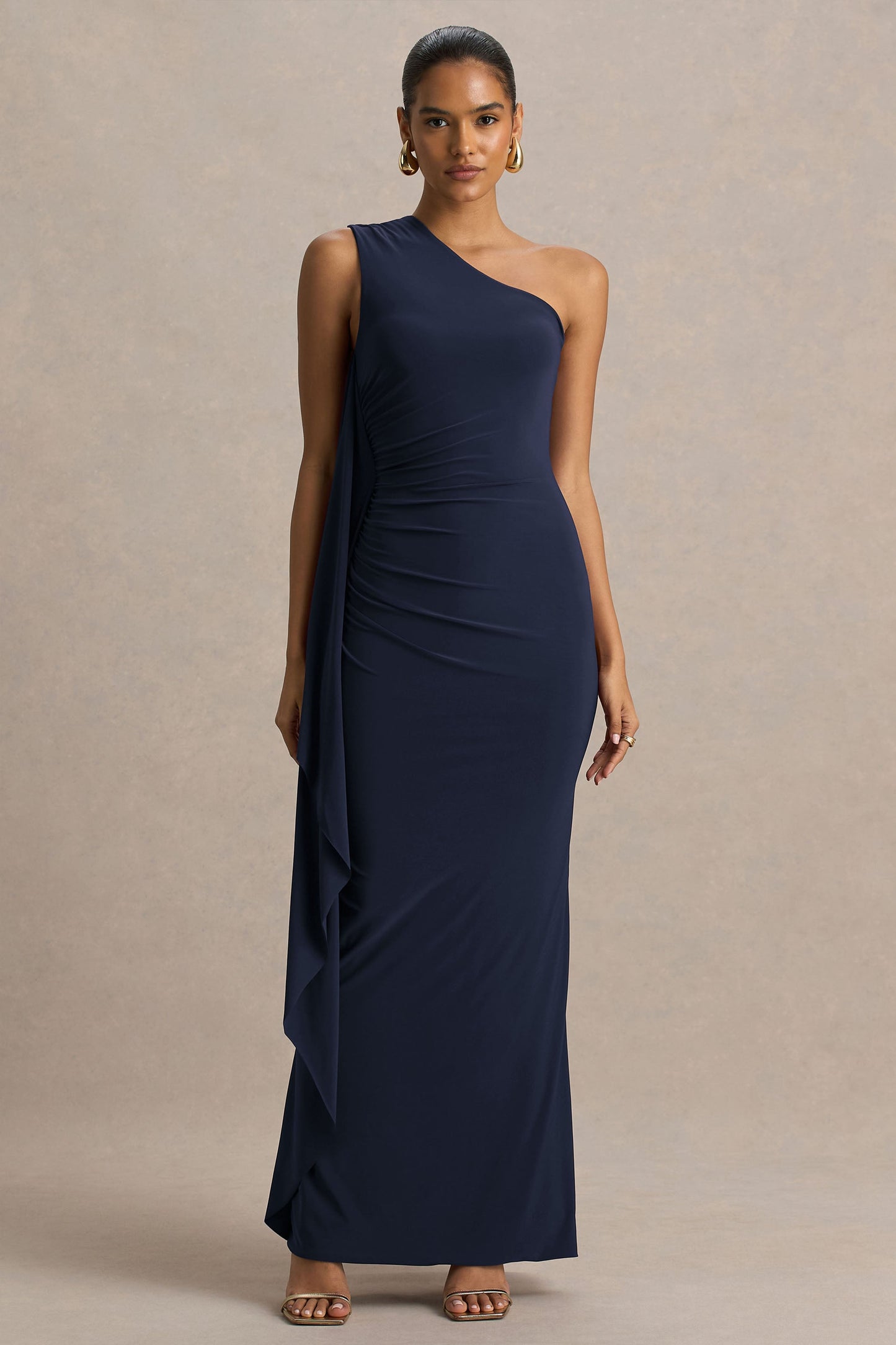 Adelina | Navy One-Shoulder Maxi Dress With Drape