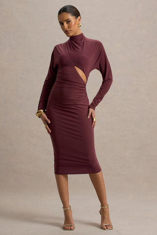 Pandora | Burgundy Long-Sleeve Midi Dress With Cut-Out