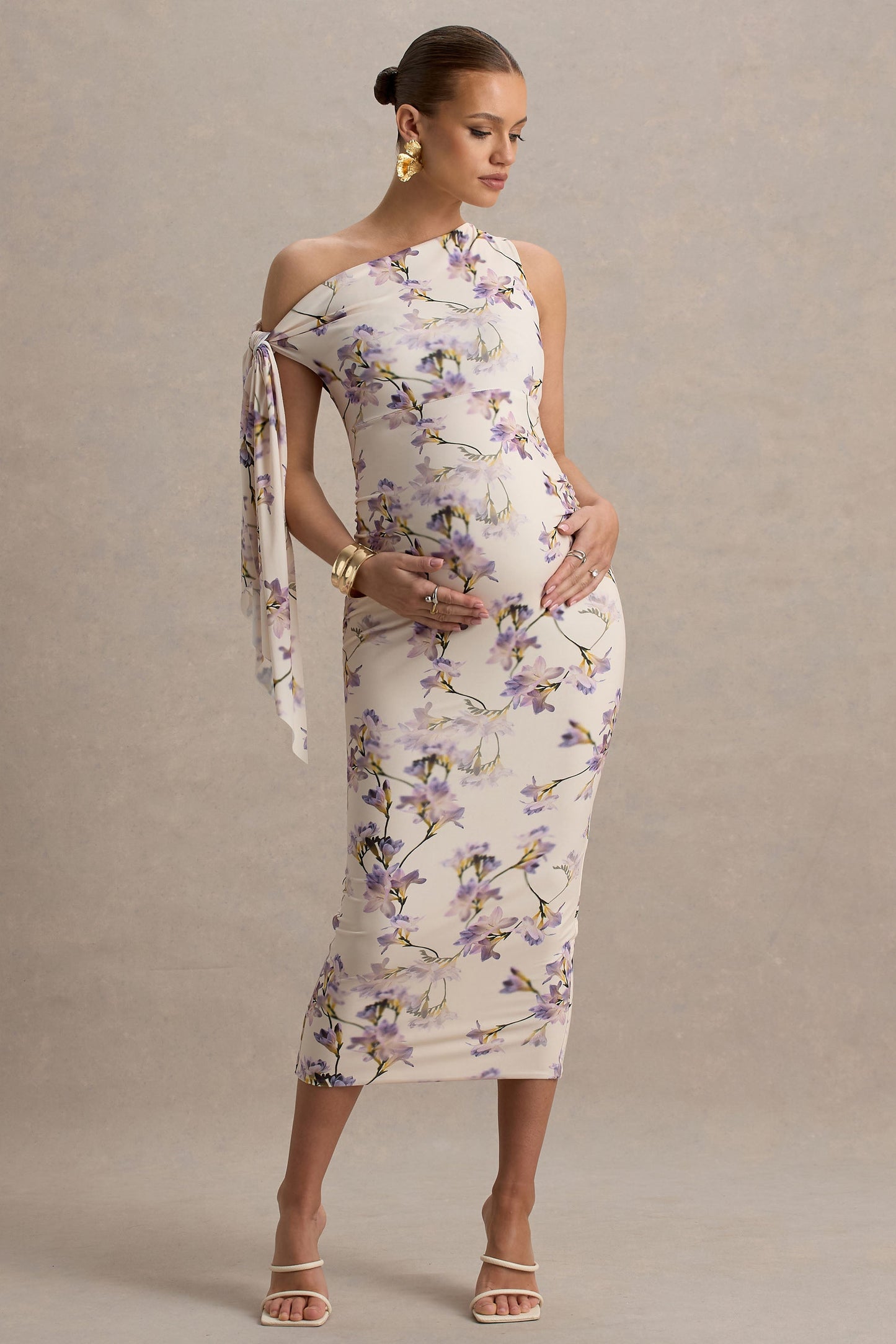 Katarine | Peach Floral Print Asymmetric Knot Maternity Midi Dress