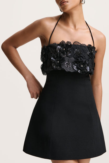Tempest | Black Halter-Neck Mini Dress With Hand-Embellished Panel