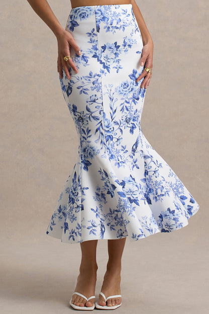 Amadea | Blue Porcelain Print Fishtail Midi Skirt
