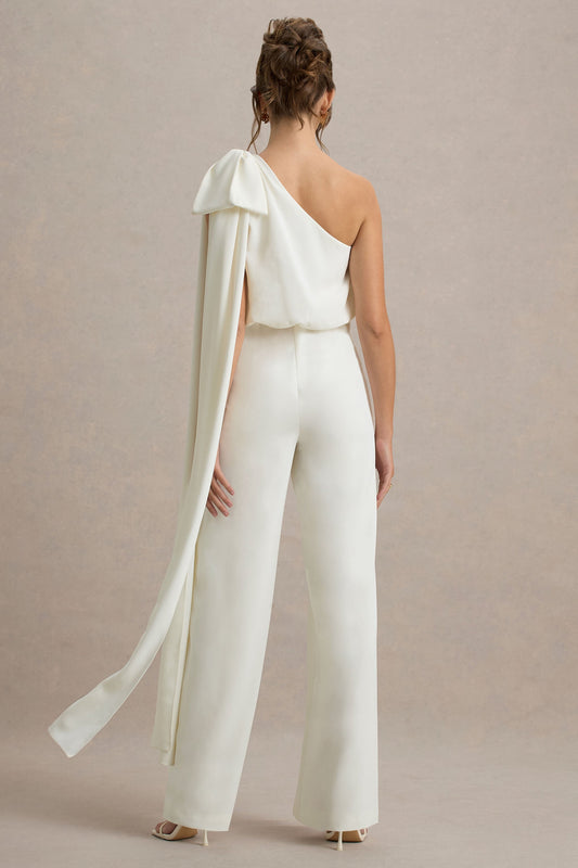 Alice | Cream Asymmetric Bow Shoulder Jumpsuit With Drape