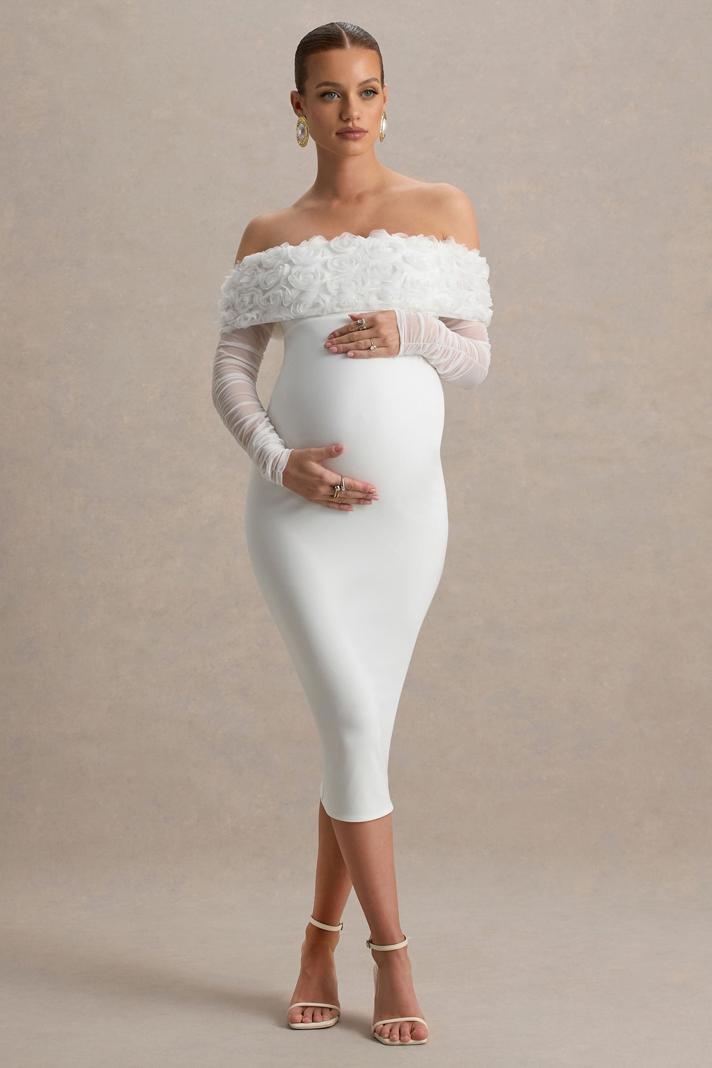 Adita | White Mesh Floral Bardot Maternity Midi Dress