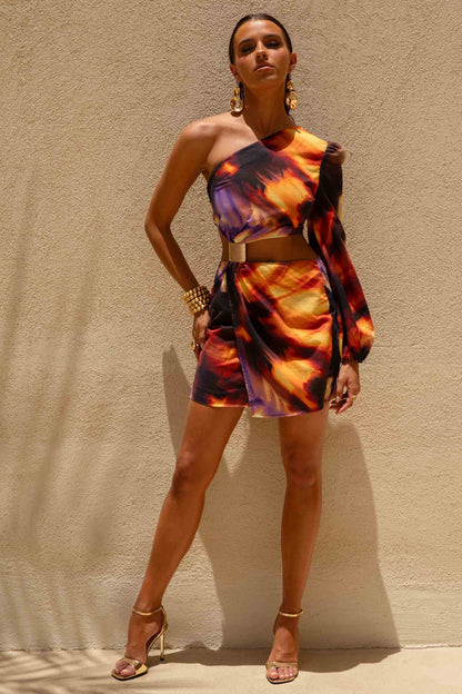 Zen | Smoke Print Linen Asymmetric Mini Dress With Cut-Out Detail