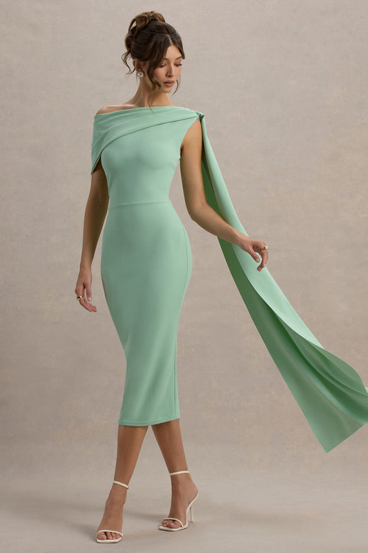 Niamh | Sage Asymmetric Midi Dress With Drape