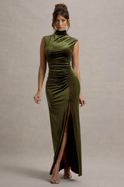 Abilene | Olive Velvet High-Neck Split Maxi Dress
