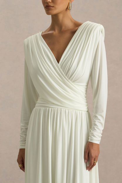 Alexis | Cream Plunge-Neck Midi Dress With Draped And Ruched Detailing