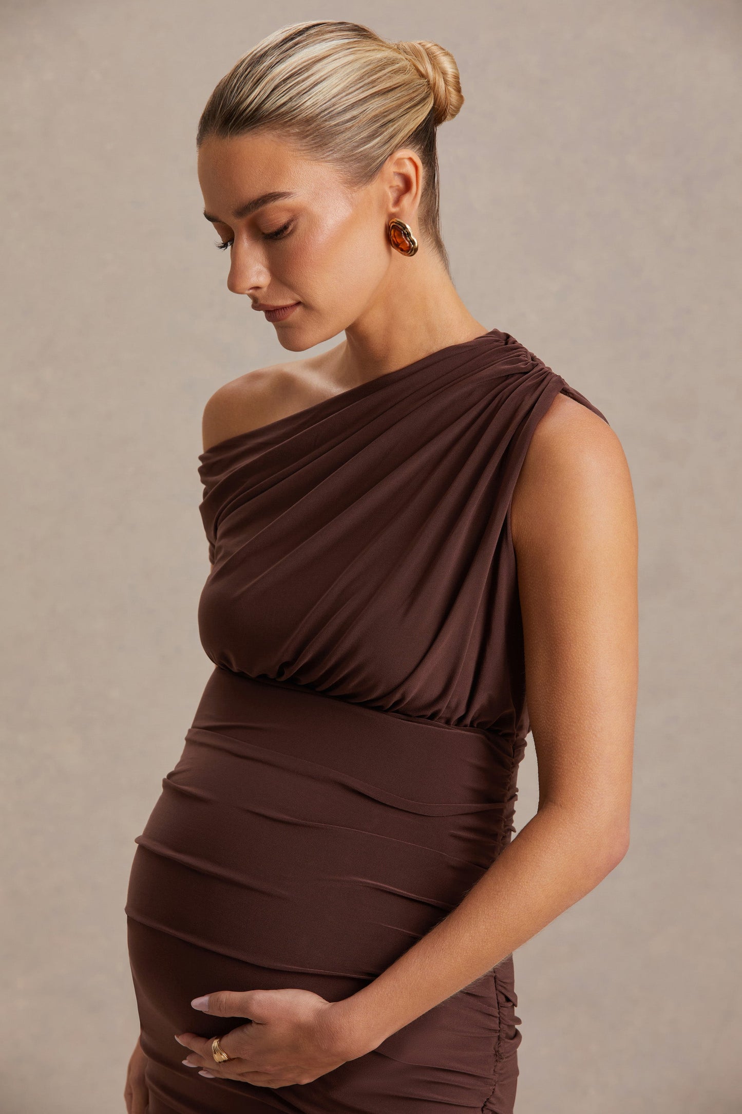 Linnea | Brown Asymmetric-Neck Maternity Midi Dress