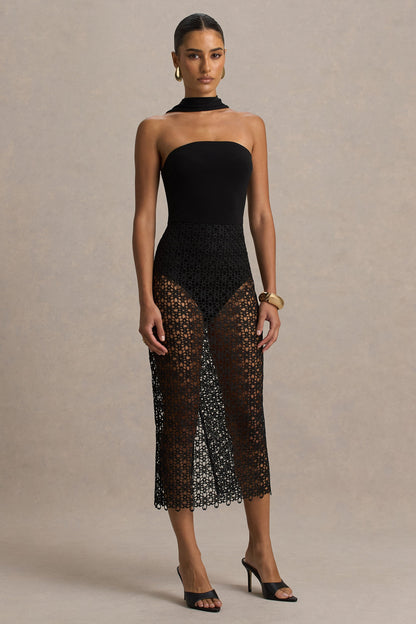 Tamala | Black High-Neck Midi Dress With Lace Skirt