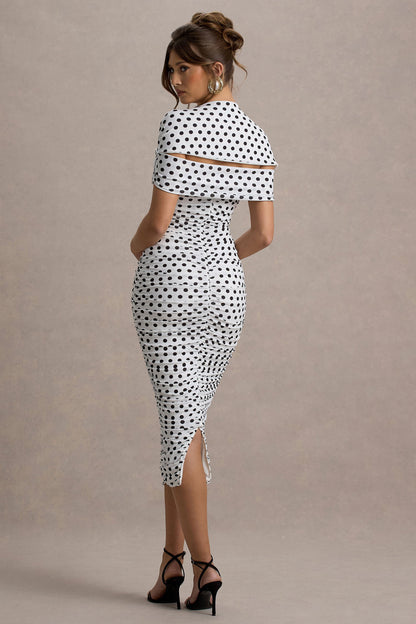 Paxos | White Polka Dot Ruched Short-Sleeve Midi Dress