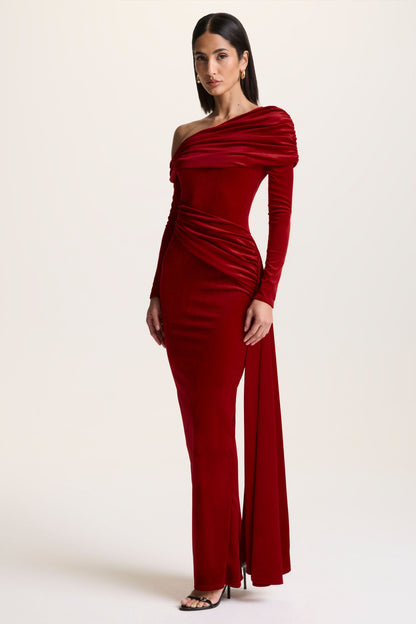 Hadria | Red Velvet Asymmetric-Neck Maxi Dress With Sash-Detail