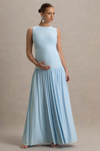 Outline | Powder Blue Crew-Neck Maternity Maxi Dress With Pleated Skirt