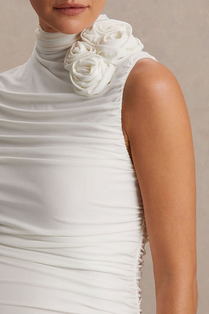 Shellie | White High-Neck Maternity Midi Dress With Corsage Detail
