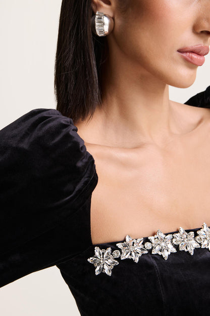 Tazmin | Black Velvet Embellished Square-Neck Top
