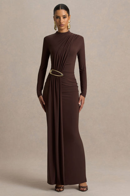 Zadie | Brown High-Neck Maxi Dress With Gathered-Detail