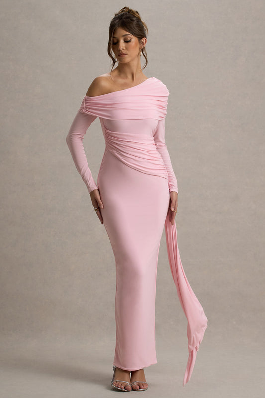 Valina | Pink Ruched Asymmetric Maxi Dress With Drape