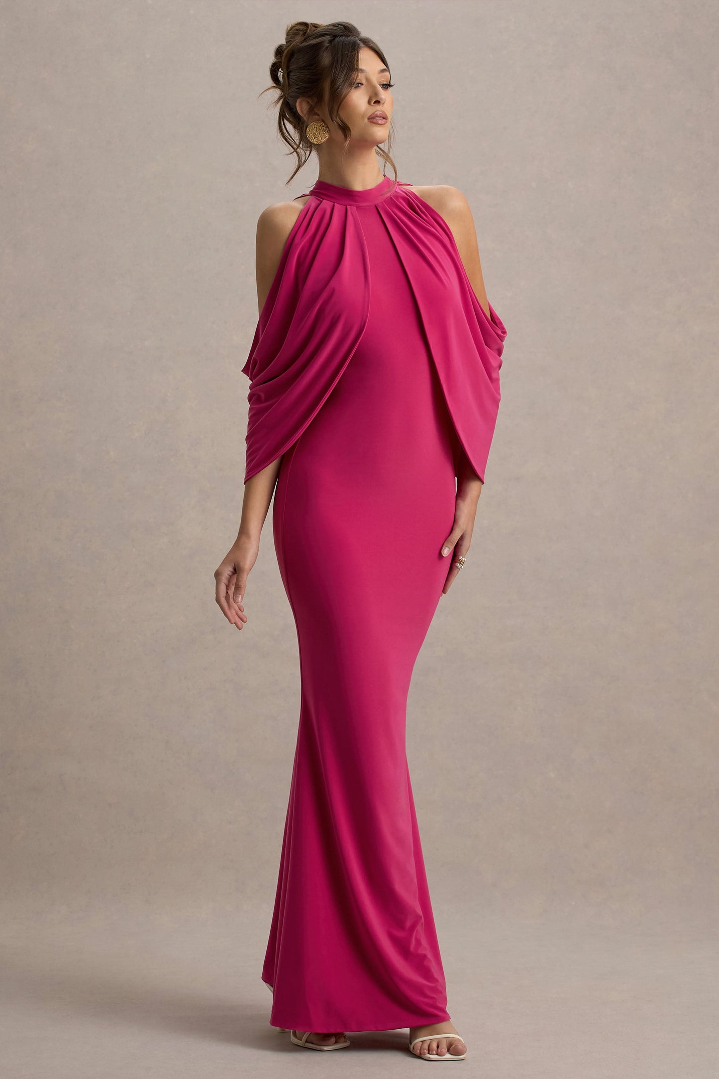 Teresa | Hot Pink High-Neck Cold-Shoulder Maxi Dress