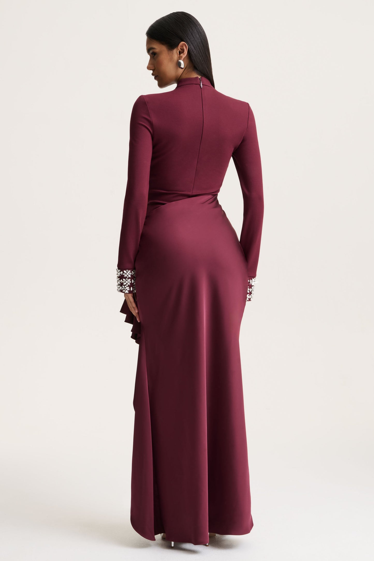 Starred | Burgundy Crew-Neck Maxi Dress With Drop-Waist And Satin Wrap-Skirt