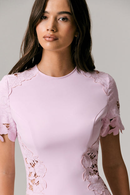So Sweet | Pink Crew-Neck Midi Dress With Cut-Out Embroidered Detailing
