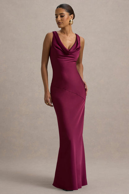 Alesso | Burgundy Satin Cowl-Neck Slip-Maxi Dress
