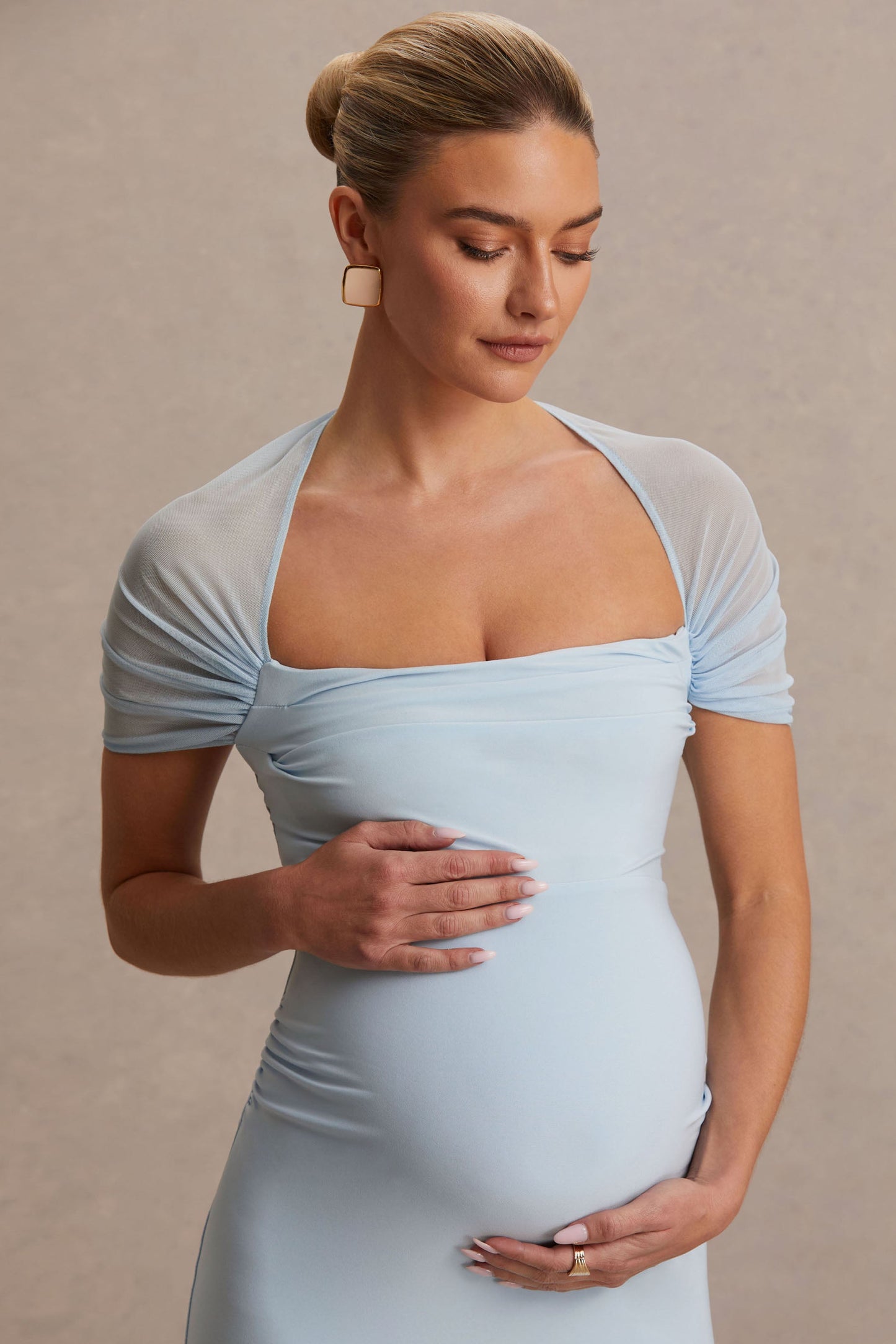Dome | Powder Blue Square-Neck Mesh-Sleeve Maternity Maxi Dress