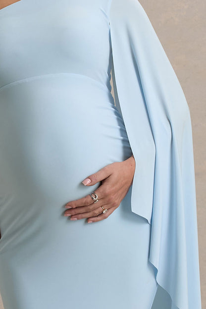 Aliana | Powder Blue Asymmetric Maternity Maxi Dress With Ruched Detailing