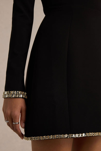 Caia | Black Embellished Square-Neck Mini Dress