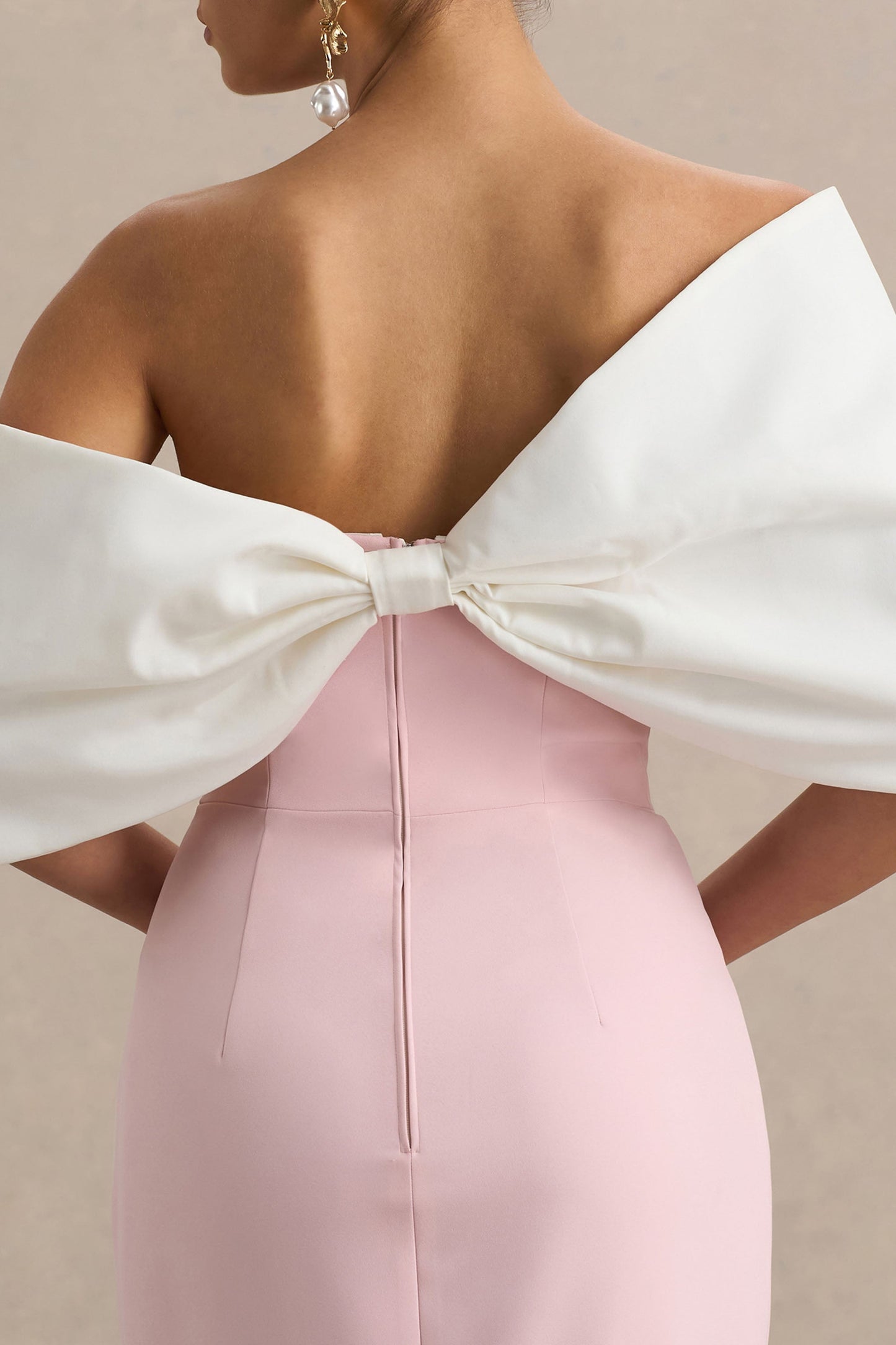 Lucille | Rose & Pink Asymmetric Bardot Midi Dress With Bow Detail