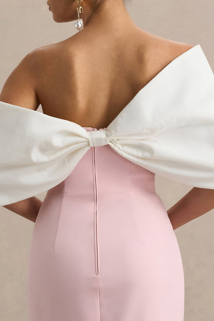 Lucille | Rose & Pink Asymmetric Bardot Midi Dress With Bow Detail