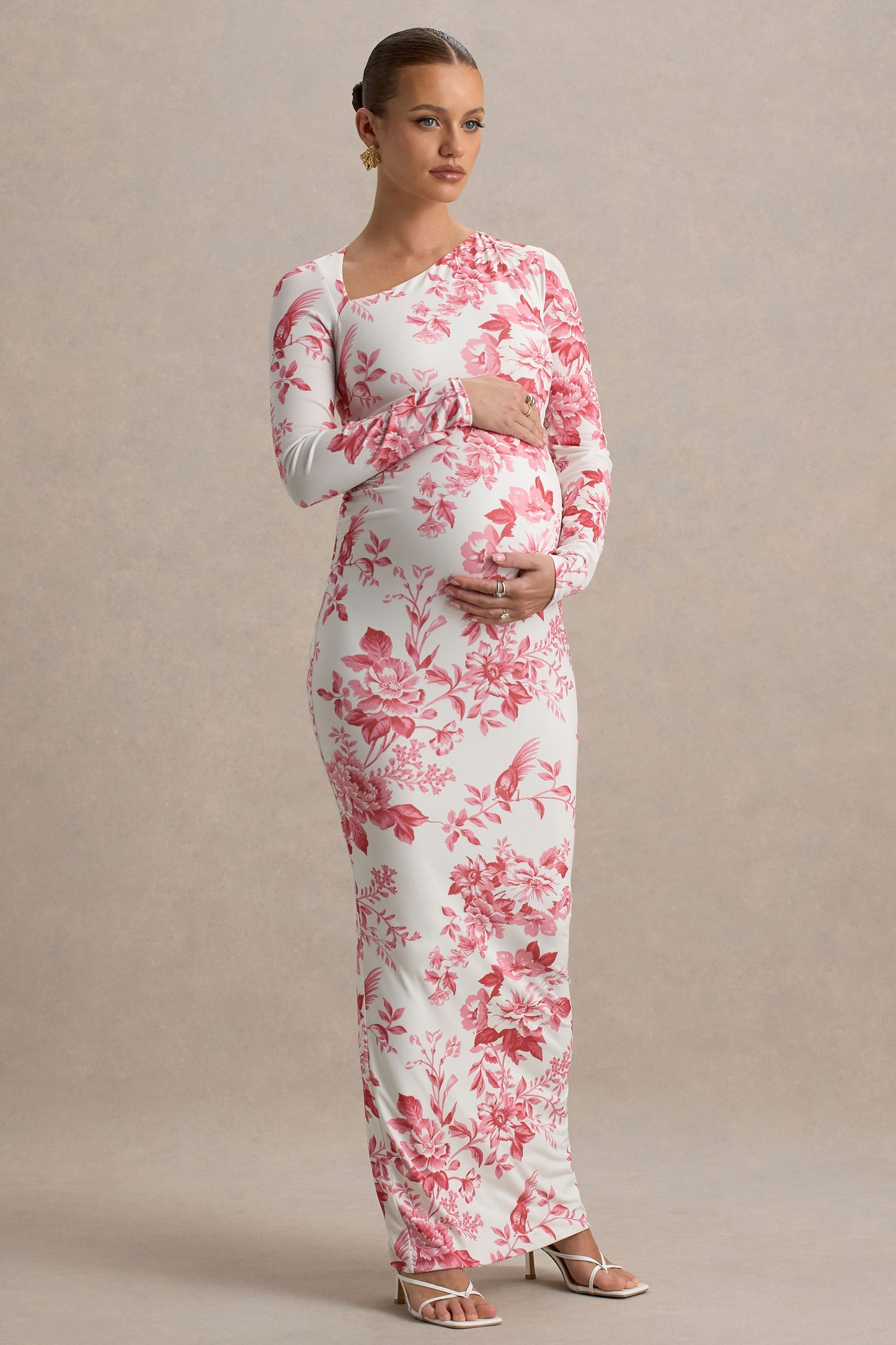Vanette | Pink Floral Print Asymmetric Long-Sleeve Maternity Maxi Dress
