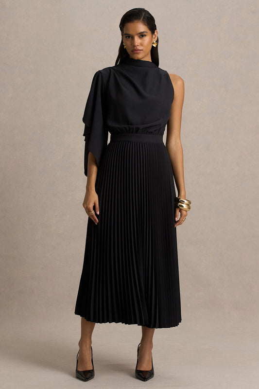 Jimena | Black High-Neck Midi Dress With One-Long Sleeve And Pleated Detailing