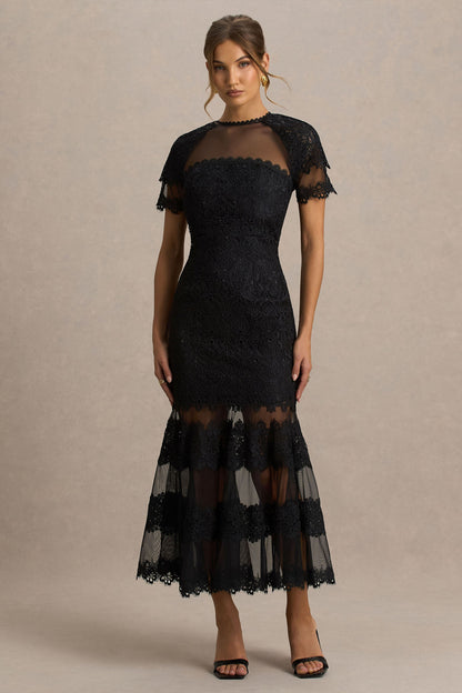 Leanne | Black Mesh And Lace Crew-Neck Fishtail Midi Dress