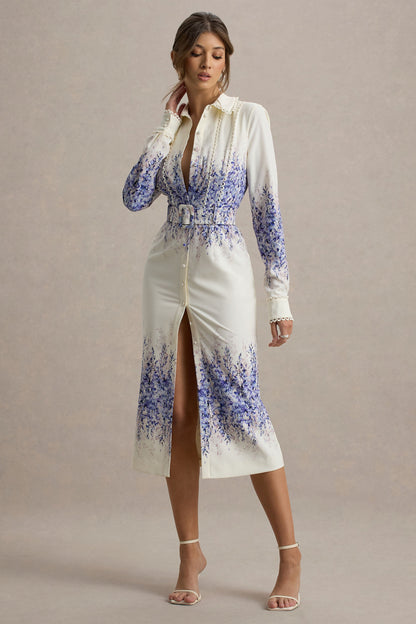 Zephy | Wisteria Print Belted Shirt Midi Dress