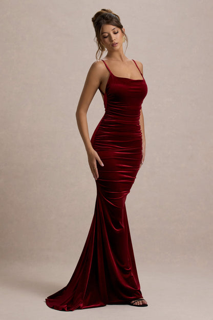 Adele | Berry Velvet Ruched Strappy Fishtail Maxi Dress