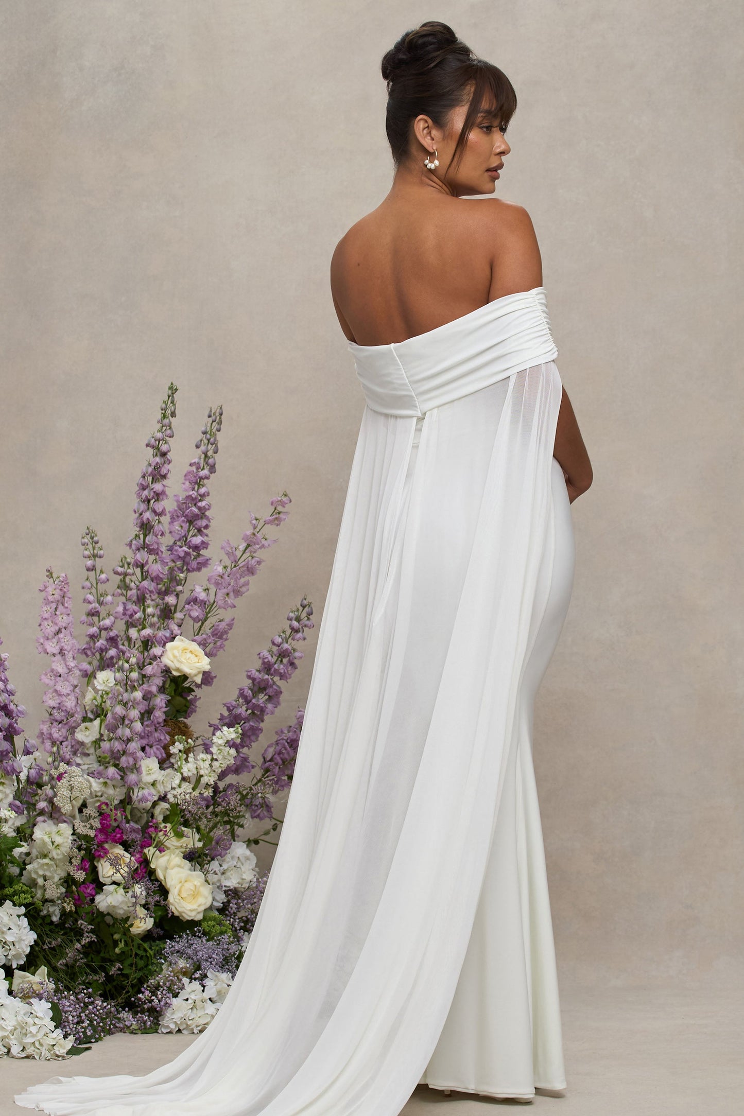 Carlotta | White Bardot Maternity Maxi Dress With Chiffon Cape