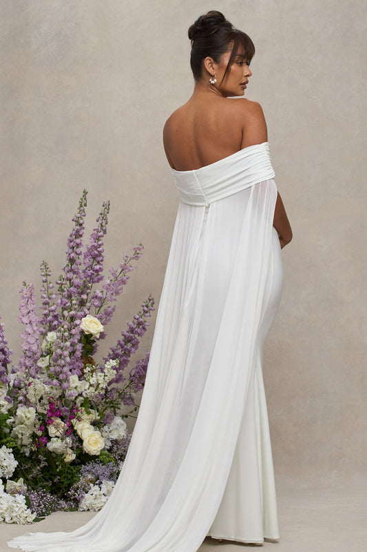 Carlotta | White Bardot Maternity Maxi Dress With Chiffon Cape