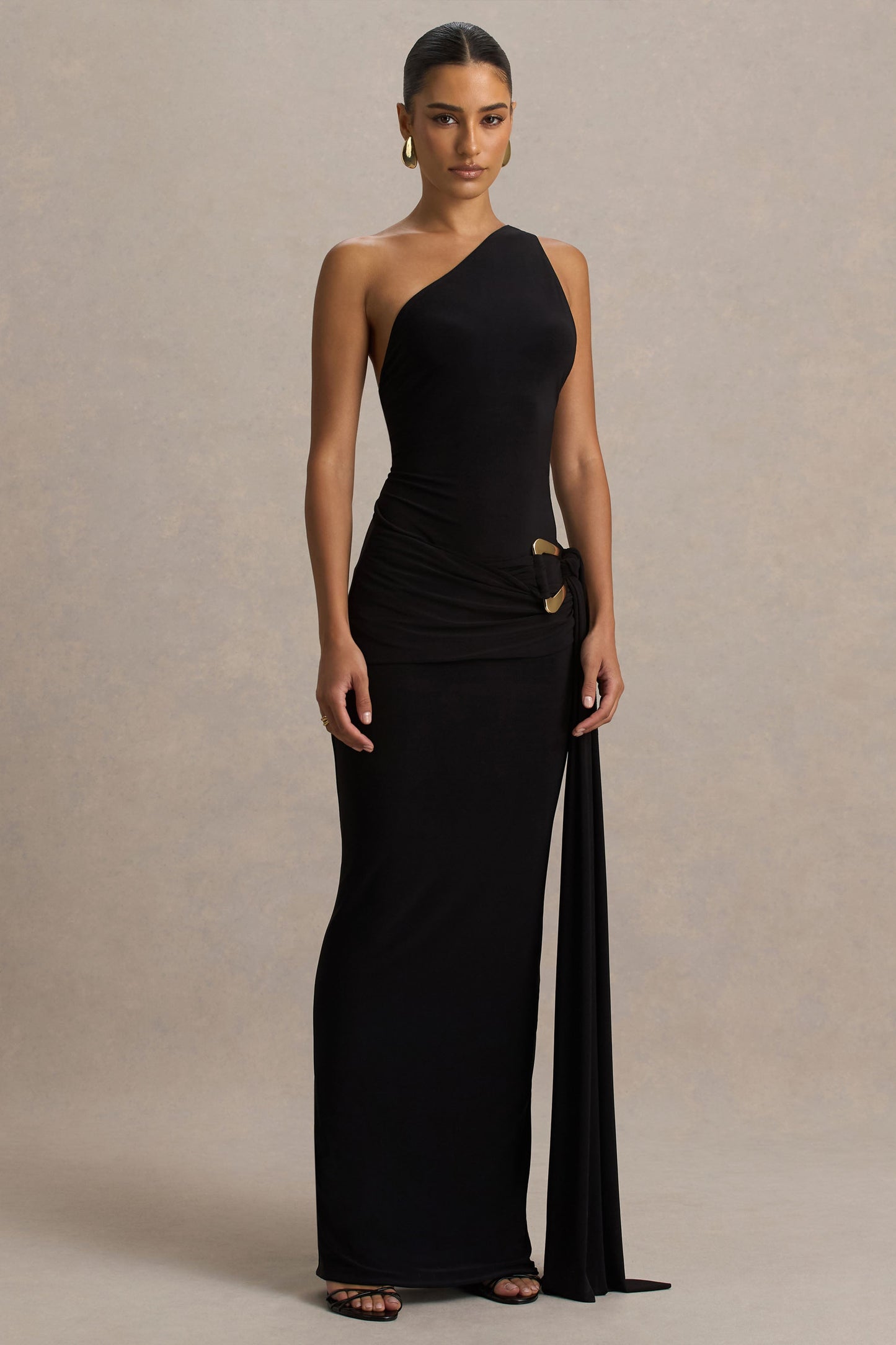 Bonnie | Black Asymmetric-Neck Maxi Dress With Open-Back