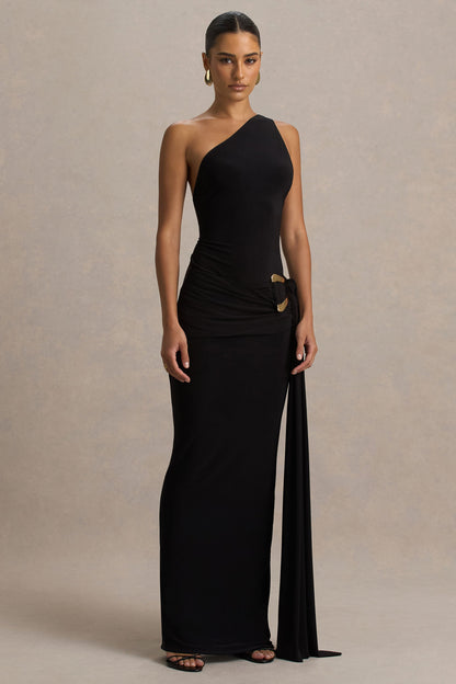 Bonnie | Black Asymmetric-Neck Maxi Dress With Open-Back