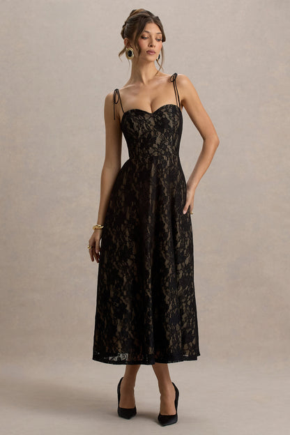 Sheridan | Black Lace Sweetheart Midi Dress With Backless Detail
