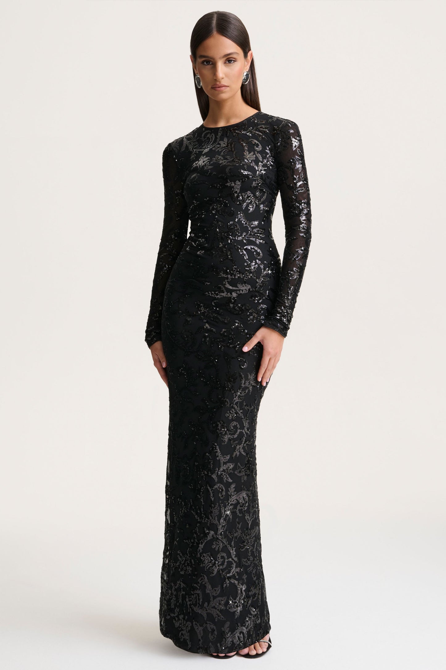 Stellar | Black Embellished Lace High-Neck Maxi Dress With Long Sleeves