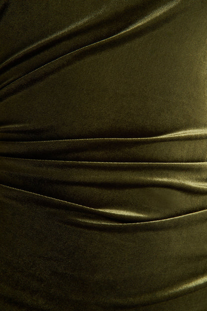 Novine | Olive Velvet High-Neck Midi Dress