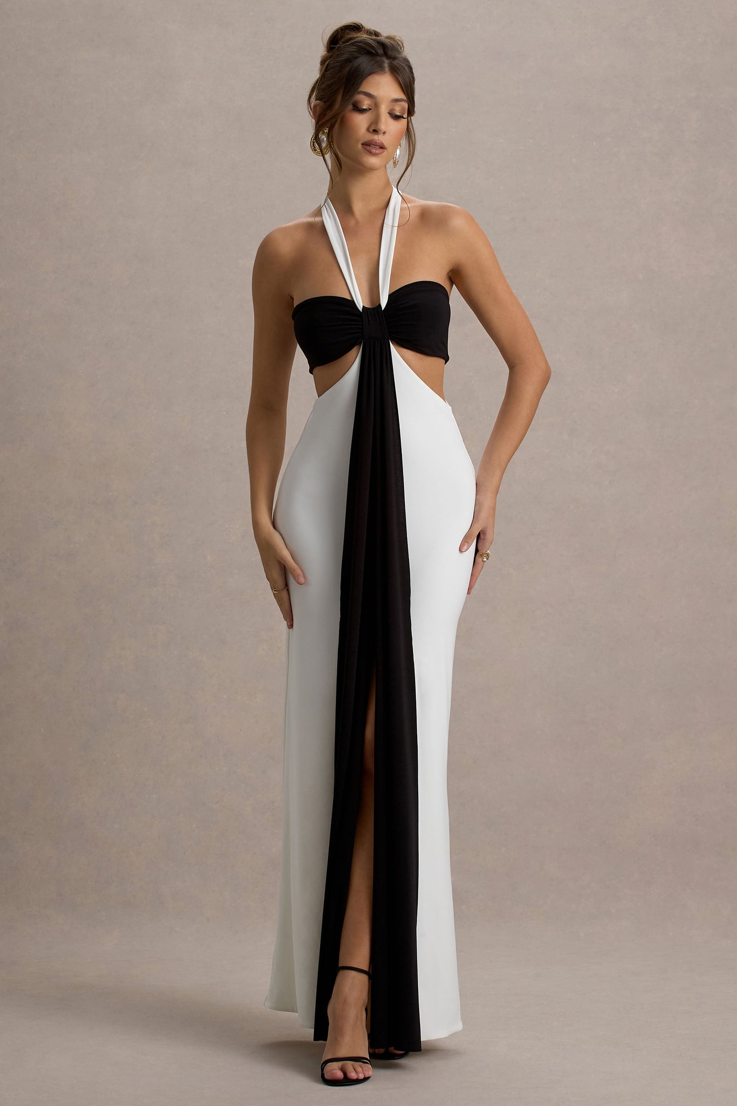 Acentis | Black & White Halter-Neck Cut-Out Maxi Dress