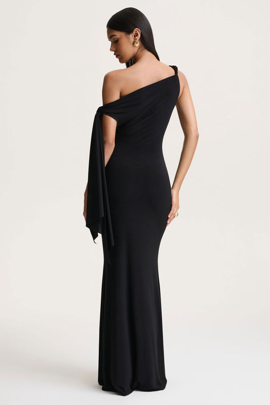 Vista | Black Asymmetric-Neck Maxi Dress With Knot-Sleeve Detail