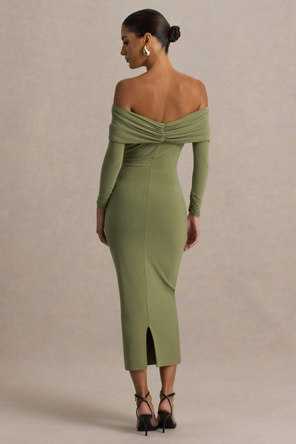 Spark | Olive Bardot-Neck Maxi Dress With Bow Detail