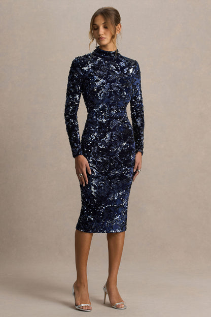 Alanita | Navy Velvet And Sequin Embellished High-Neck Midi Dress With Long Sleeves