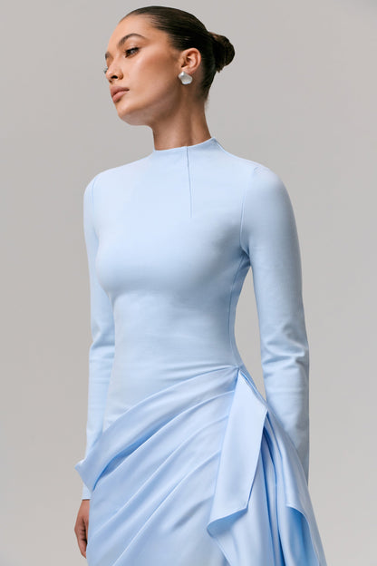 Raffie | Powder Blue Long-Sleeve Midi Dress With Satin Wrap Skirt